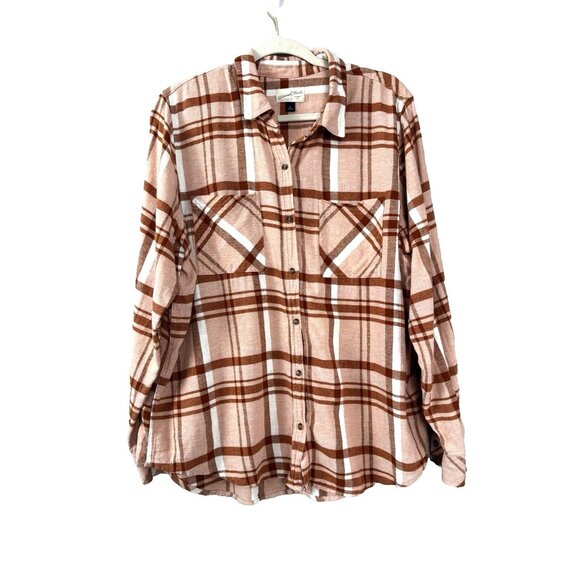 Rustic Womens XL Flannel Shirt Pink White Plaid Fall Western Coastal Boho - Picture 1 of 10